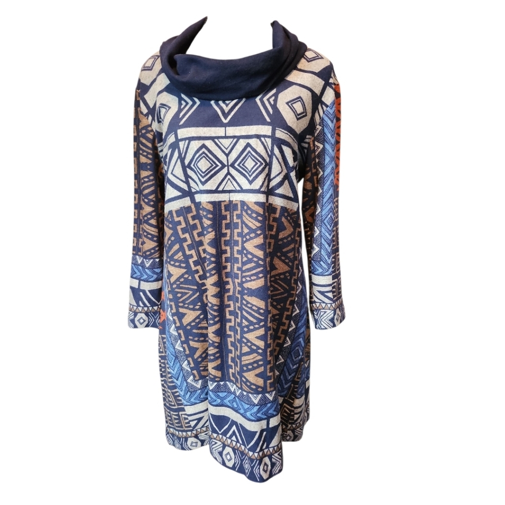 Geometric Patterned Blue and Tan Tunic Size L